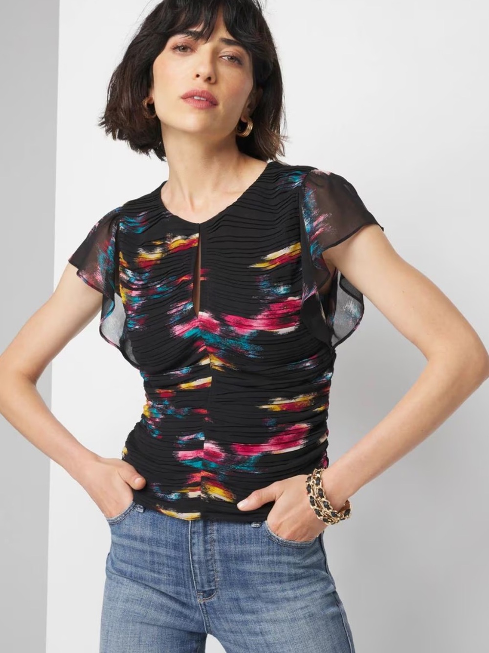 Black Multicolor Keyhole Flutter Sleeve Top